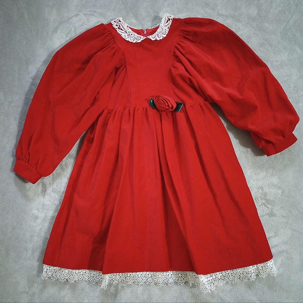 Vintage Red Velvet Lace Trimmed Dress LS 4 5